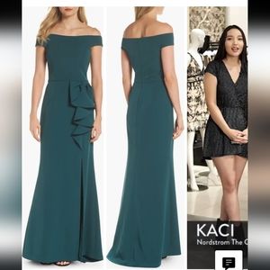 Vince camuto off the shoulder formal gown, full length, crepe, dark green size 2